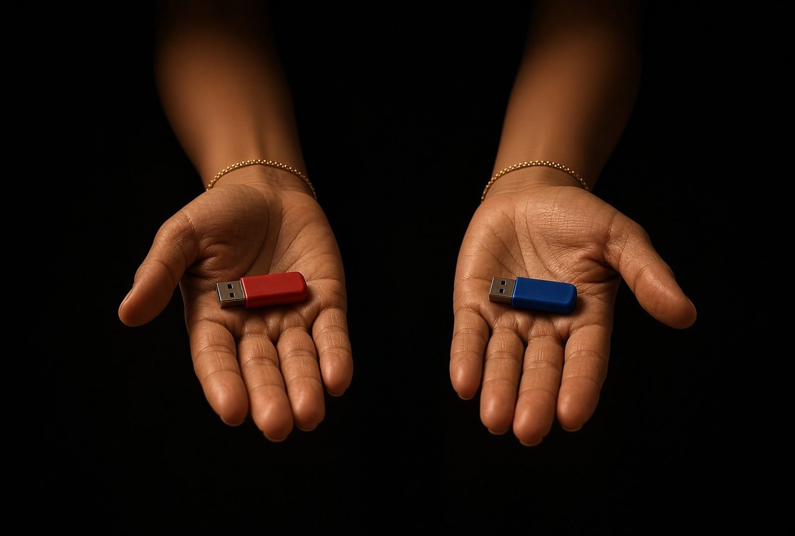 Dos manos ofreciendo un pendrive rojo y uno azul